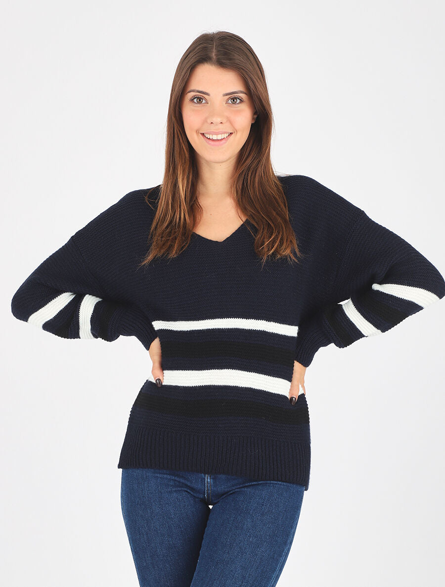 Pull droit rayé - Marine - 4
