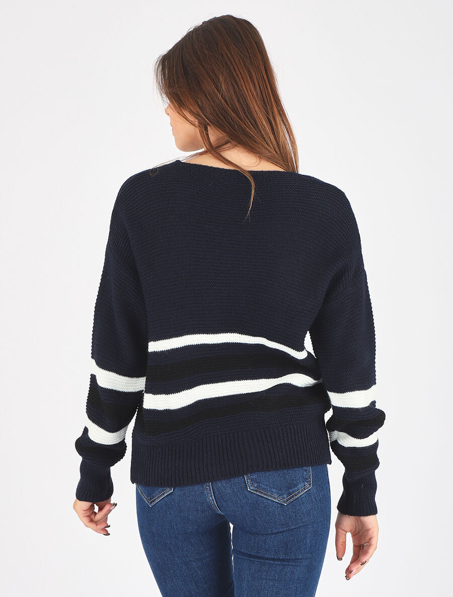 Pull droit rayé - Marine - 5