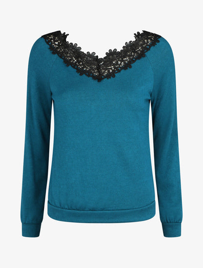 Pull fin droit col bateau en crochet - Bleu canard - 1