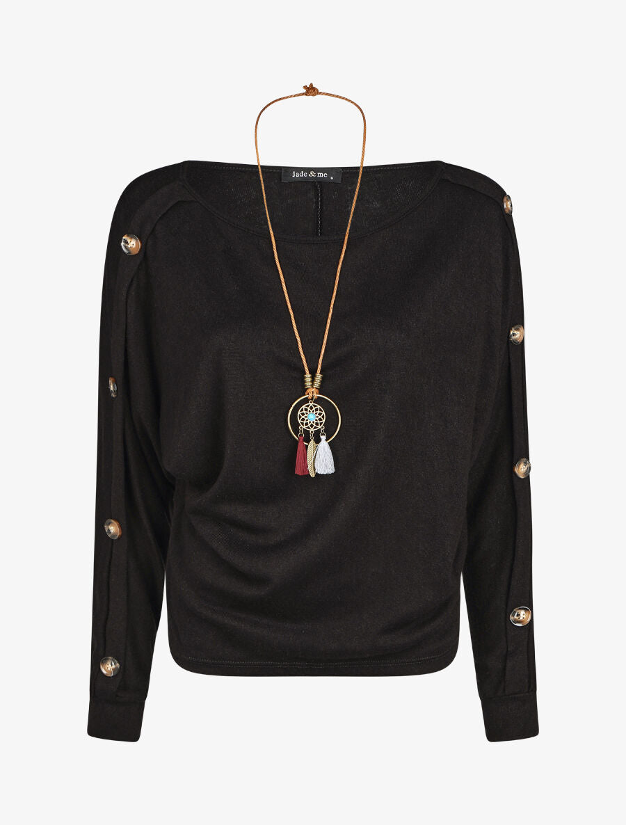 Pull ample manches à boutons décoratifs - Noir - 4