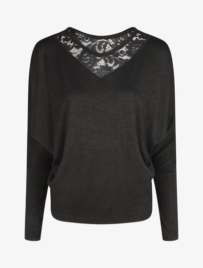 Pull droit col en dentelle et manches longues - Noir - 4
