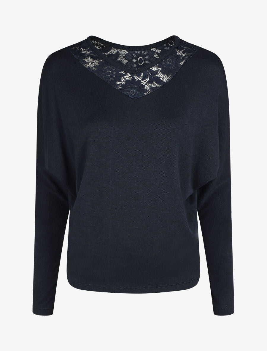 Pull droit col en dentelle et manches longues - Marine - 1