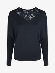Pull droit col en dentelle et manches longues - Marine - 1