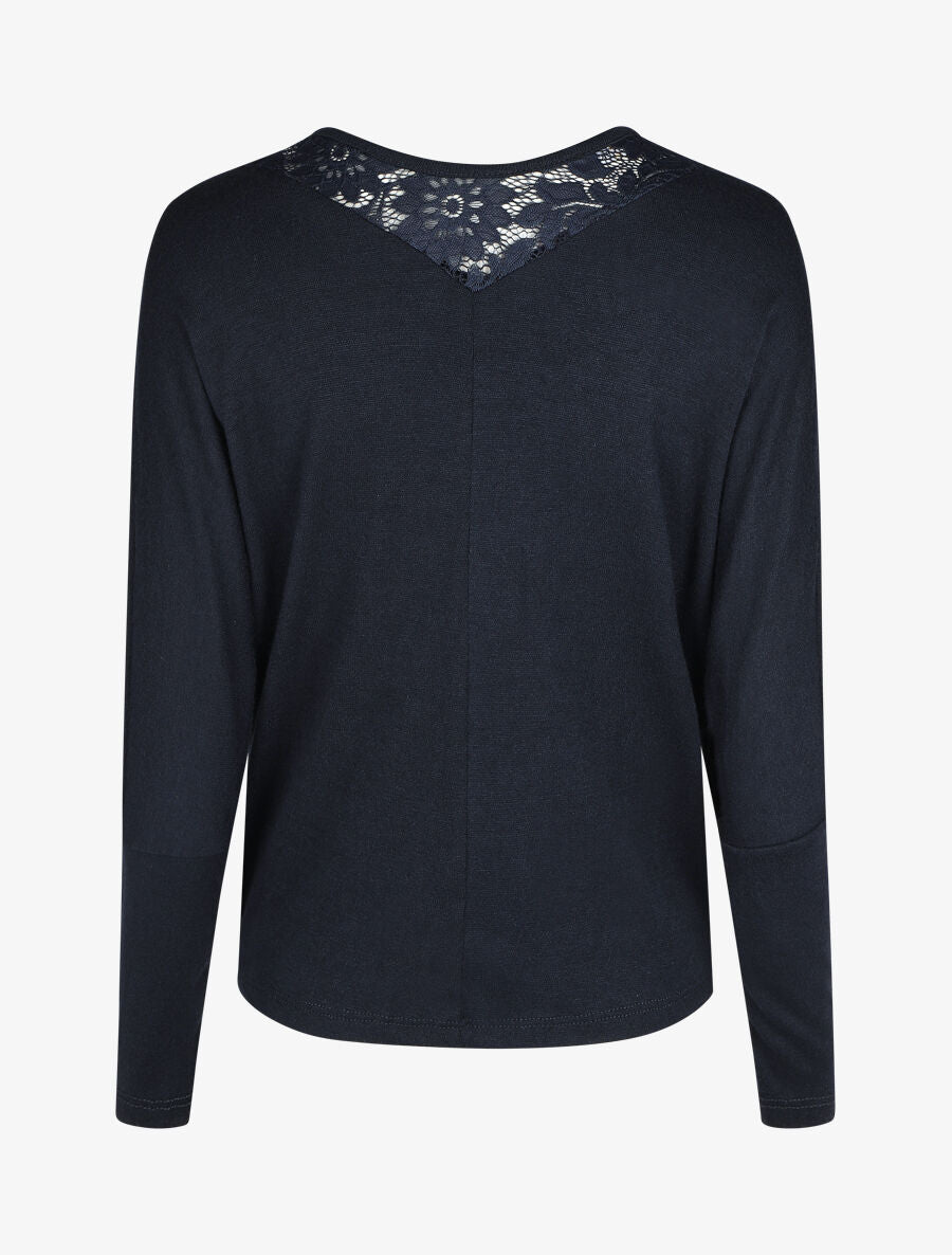 Pull droit col en dentelle et manches longues - Marine - 2