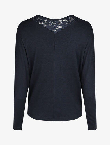Pull droit col en dentelle et manches longues - Marine - 2