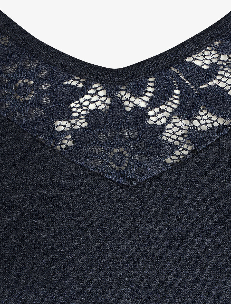 Pull droit col en dentelle et manches longues - Marine - 3