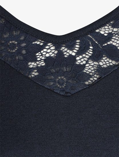 Pull droit col en dentelle et manches longues - Marine - 3