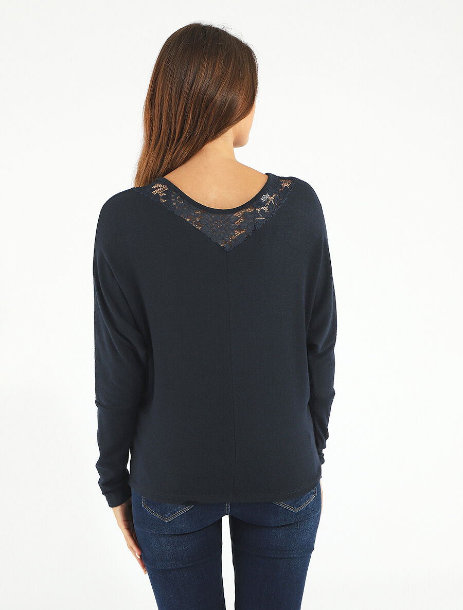 Pull droit col en dentelle et manches longues - Marine - 5