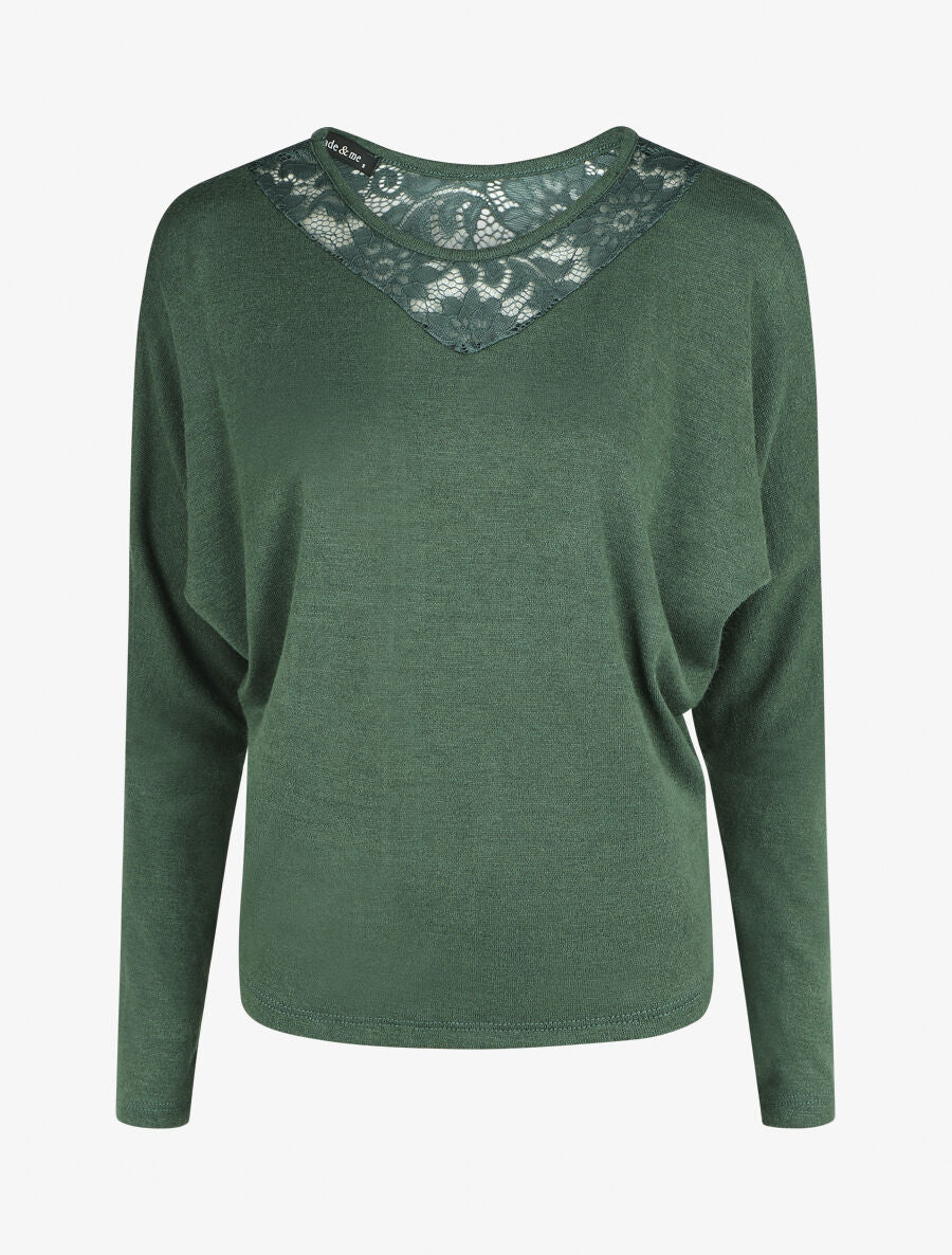 Pull droit col en dentelle et manches longues - Vert foncé - 6