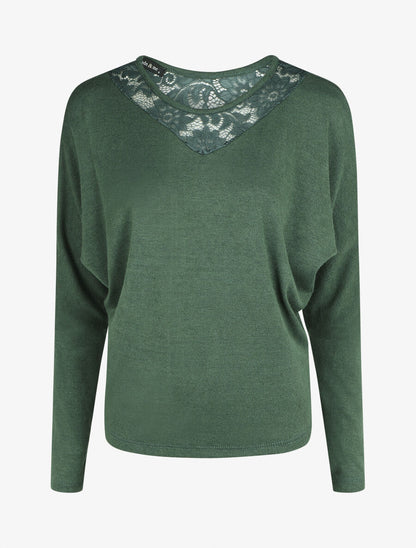 Pull droit col en dentelle et manches longues - Vert foncé - 6