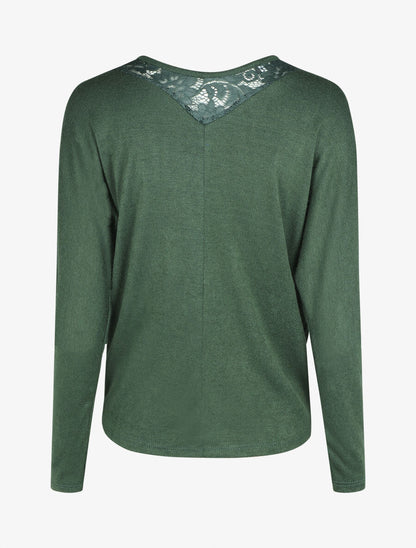 Pull droit col en dentelle et manches longues - Vert foncé - 2