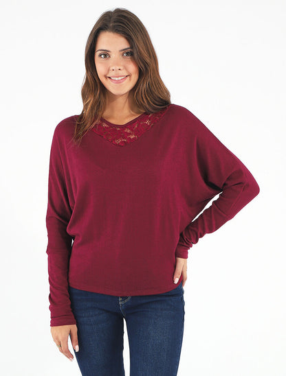 Pull droit col en dentelle et manches longues - Bordeaux - 4