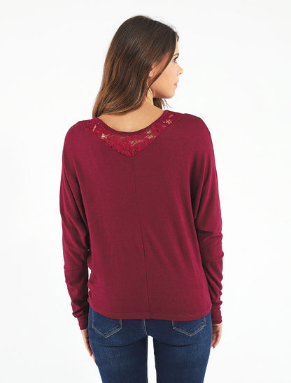 Pull droit col en dentelle et manches longues - Bordeaux - 5