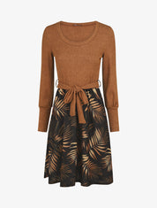 Robe mi-longue évasée imprimé feuilles - Camel - 1