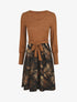 Robe mi-longue évasée imprimé feuilles - Camel - 1