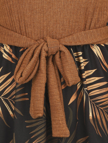 Robe mi-longue évasée imprimé feuilles - Camel - 3