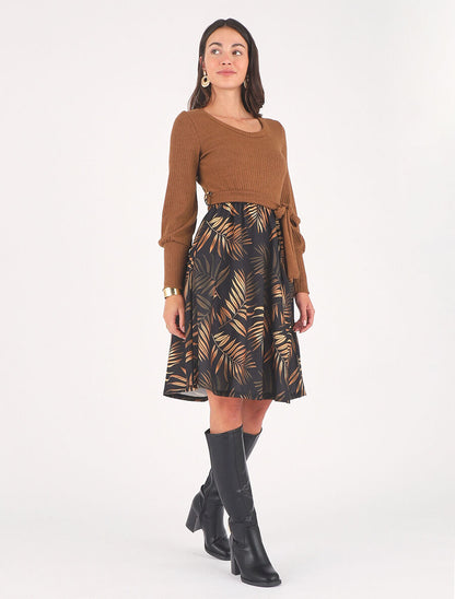 Robe mi-longue évasée imprimé feuilles - Camel - 4