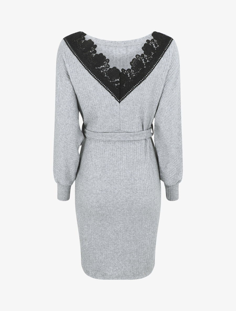 Robe pull ajustée dos en V dentelle - Gris - 2