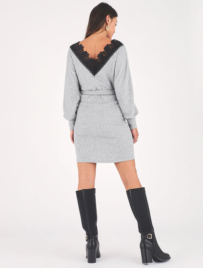 Robe pull ajustée dos en V dentelle - Gris - 5