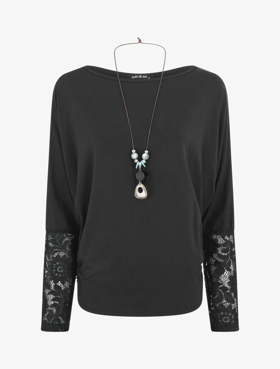 Top ample manches longues en dentelle - Noir - 1