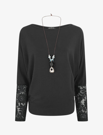 Top ample manches longues en dentelle - Noir - 1
