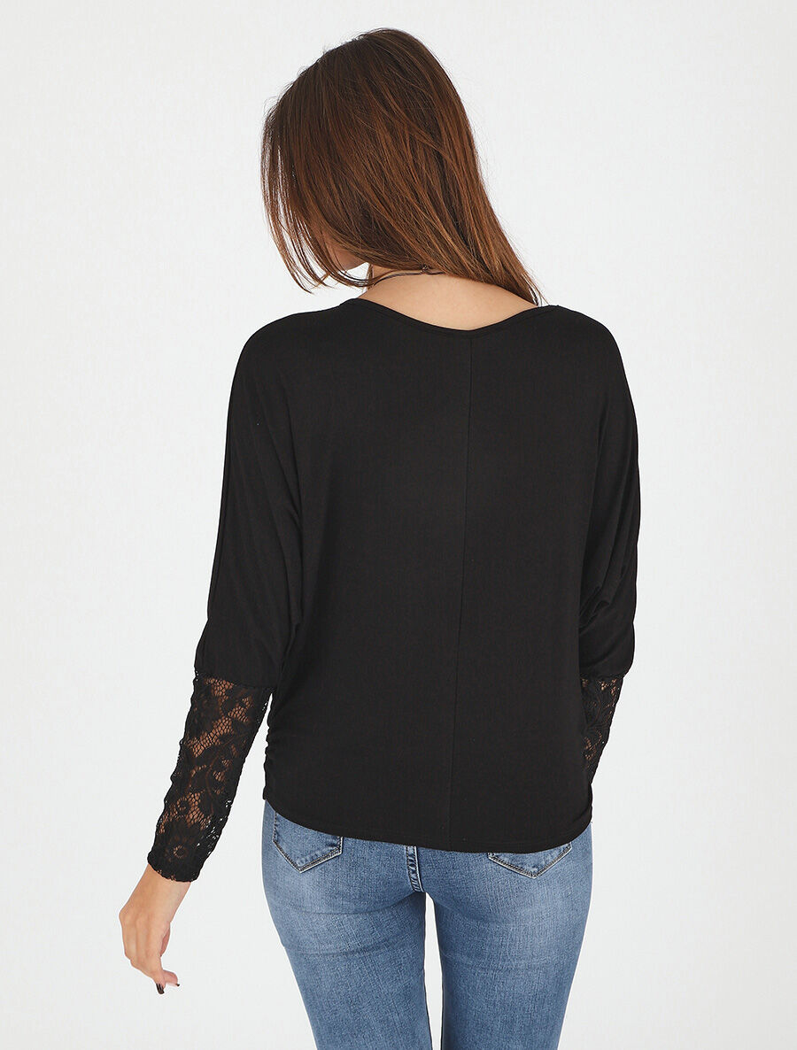Top ample manches longues en dentelle - Noir - 5
