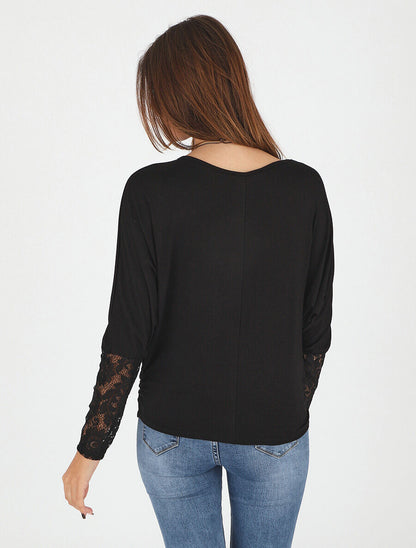 Top ample manches longues en dentelle - Noir - 5