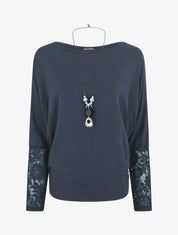Top ample manches longues en dentelle - Marine - 6