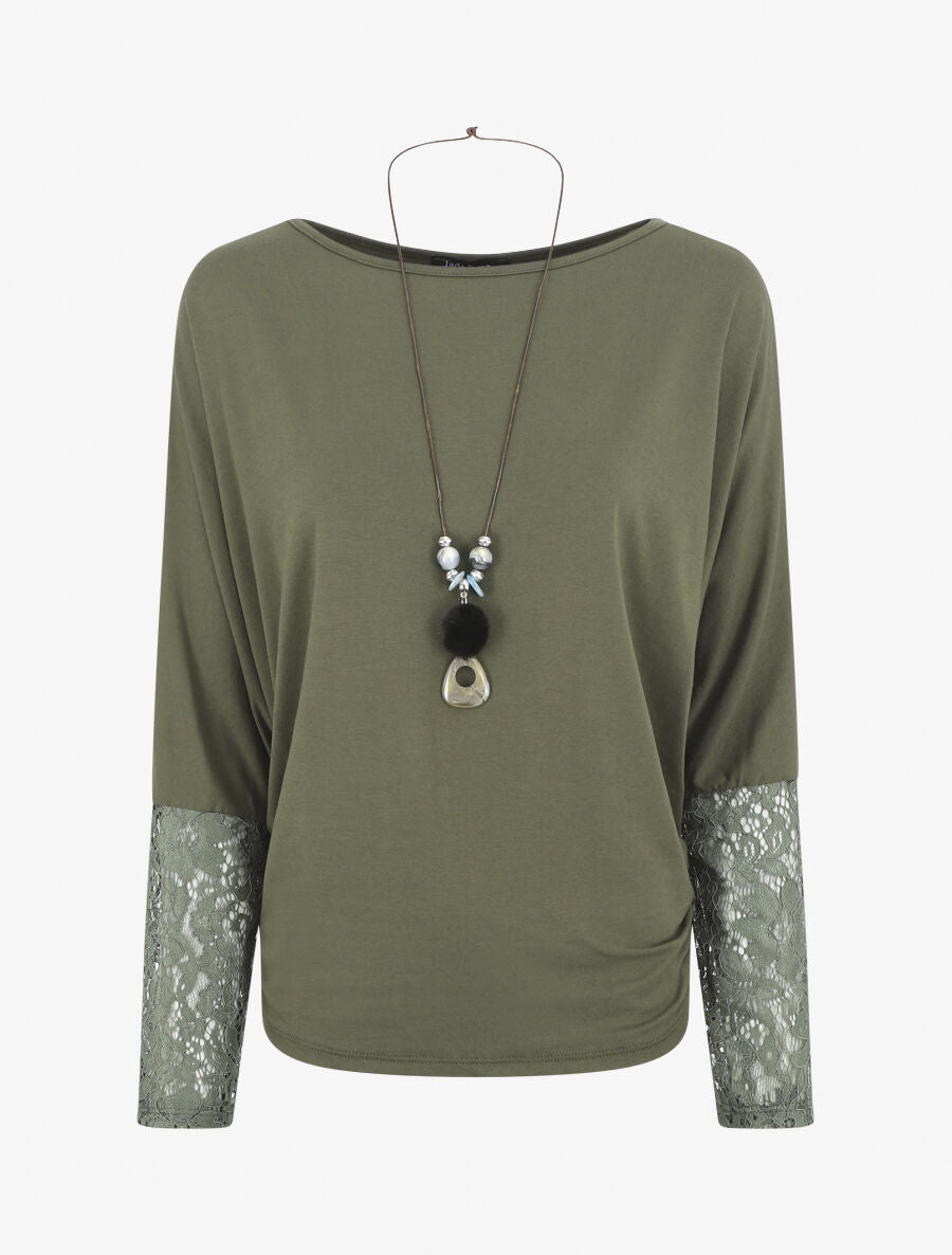 Top ample manches longues en dentelle - Kaki - 1