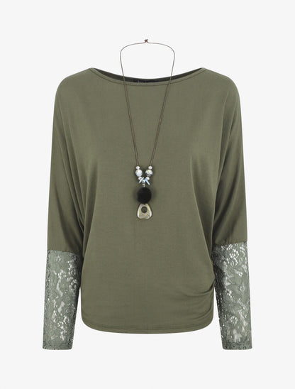 Top ample manches longues en dentelle - Kaki - 1