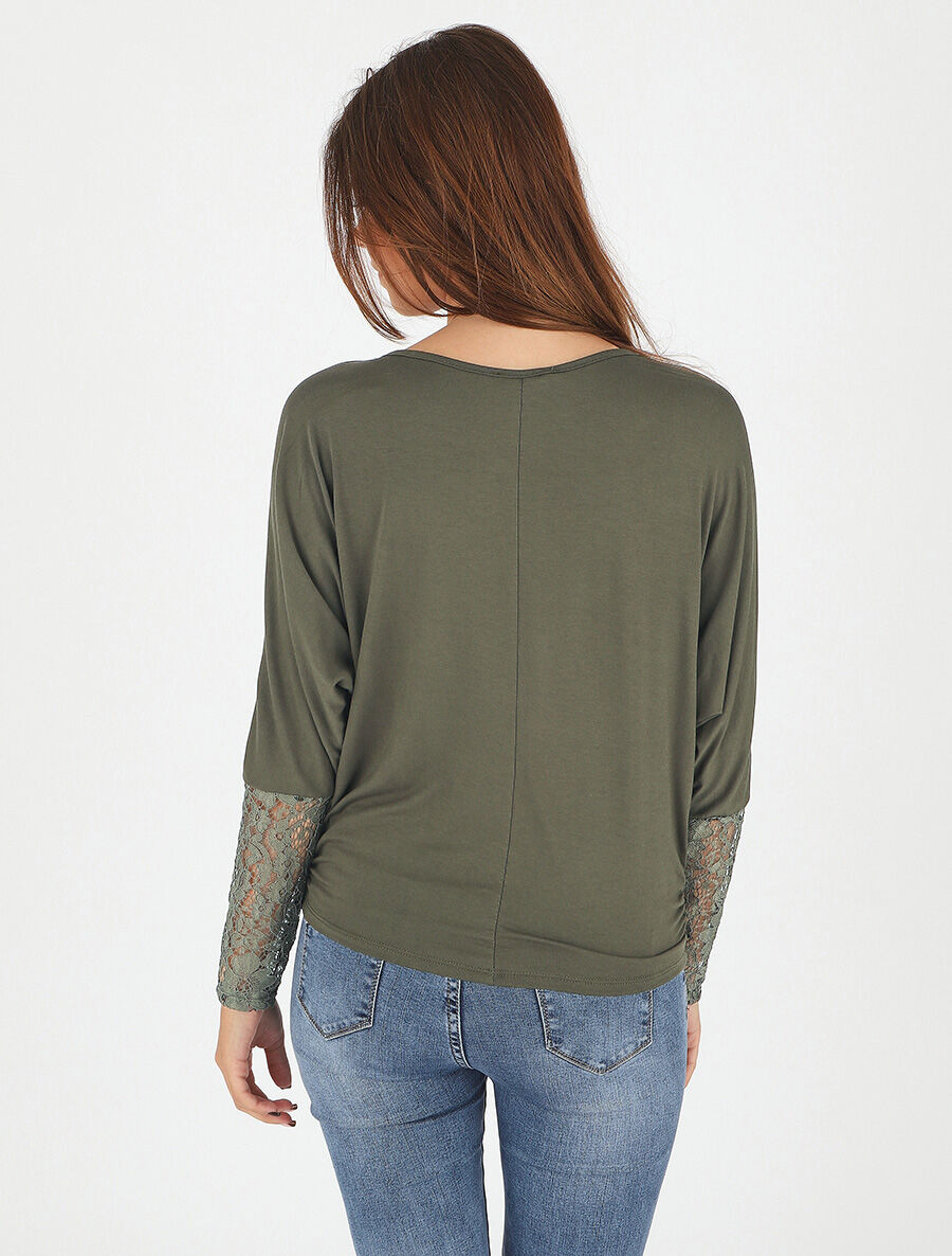 Top ample manches longues en dentelle - Kaki - 5