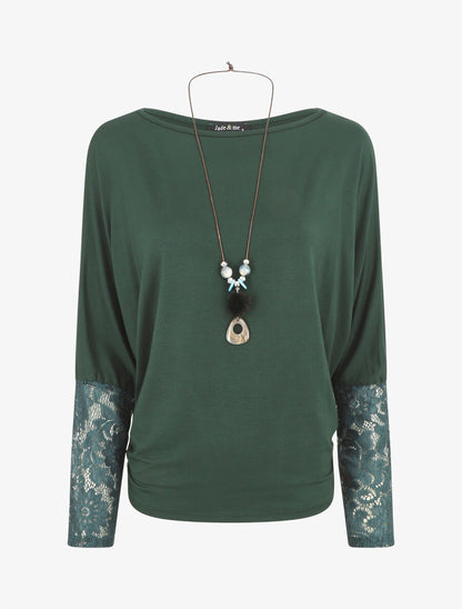 Top ample manches longues en dentelle - Vert foncé - 1