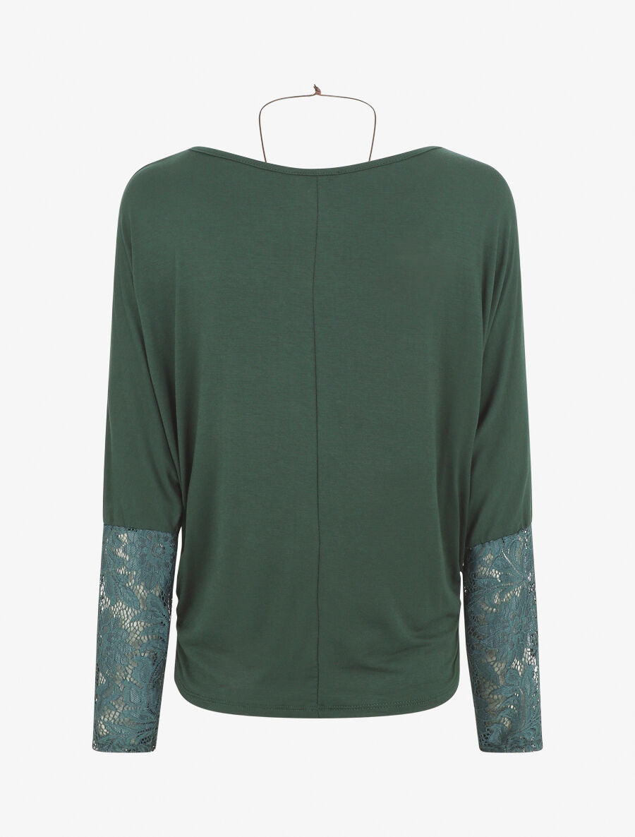 Top ample manches longues en dentelle - Vert foncé - 2