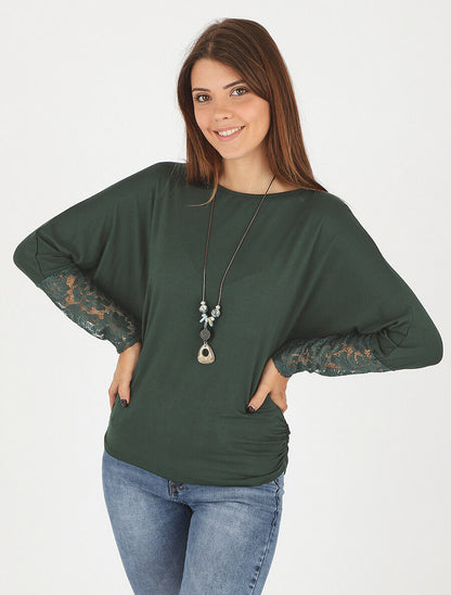 Top ample manches longues en dentelle - Vert foncé - 4