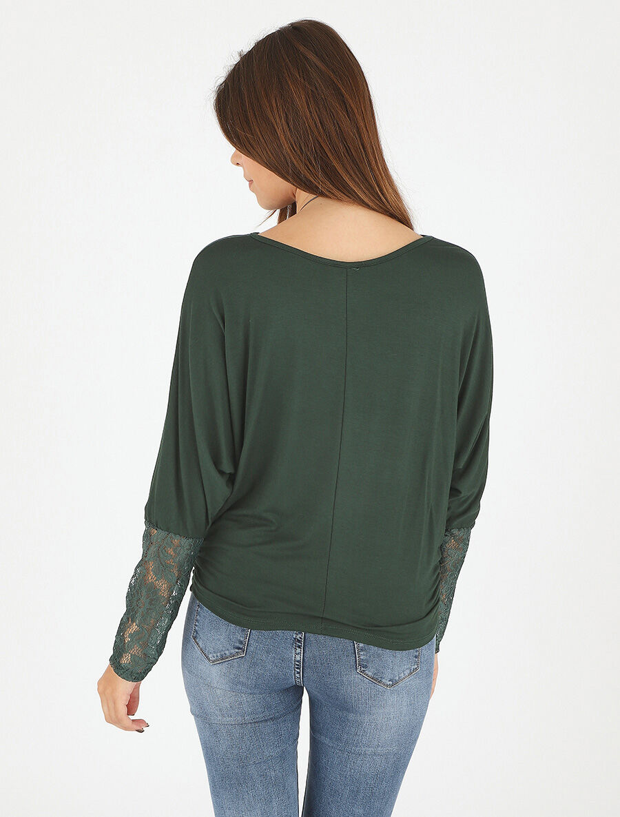 Top ample manches longues en dentelle - Vert foncé - 5