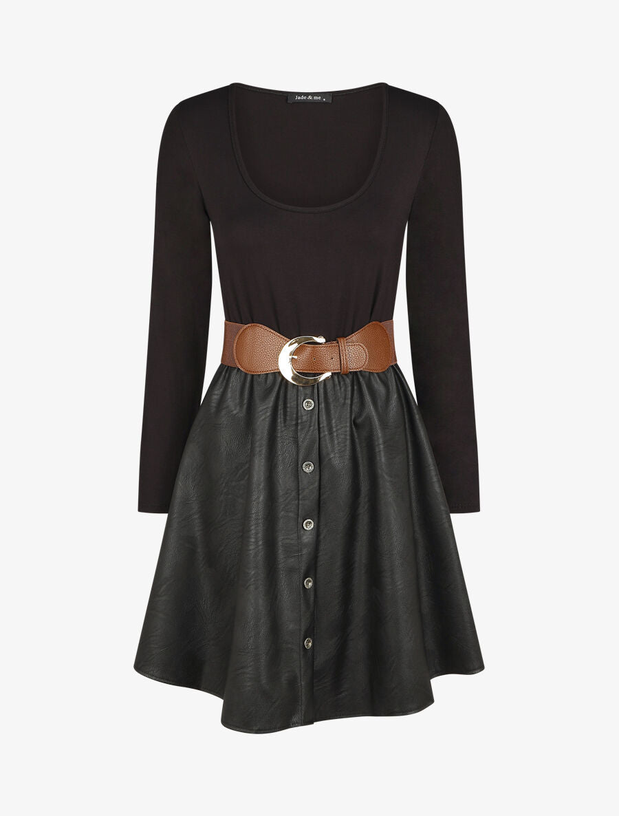 Robe bi-matière courte évasée simili - Noir - 1