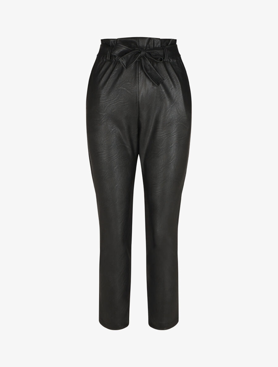 Pantalon paperbag taille haute en simili - Noir - 1