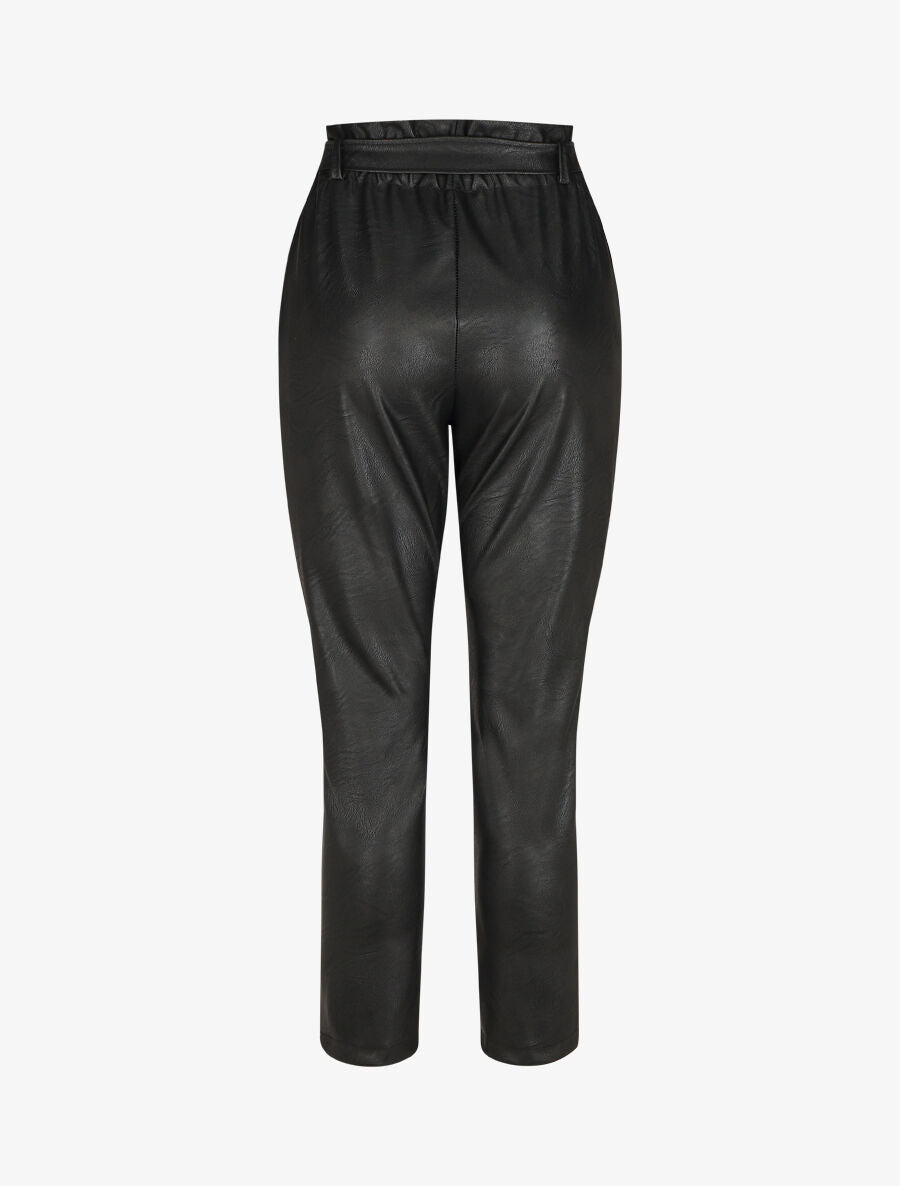 Pantalon paperbag taille haute en simili - Noir - 2
