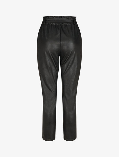 Pantalon paperbag taille haute en simili - Noir - 2