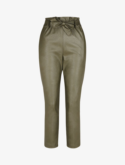 Pantalon paperbag taille haute en simili - Kaki - 1