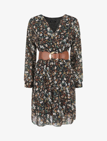Robe élastiquée à imprimé fleuri - Noir - 1
