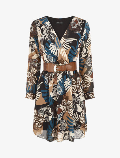 Robe élastiquée à imprimé fleuri - Noir - 1