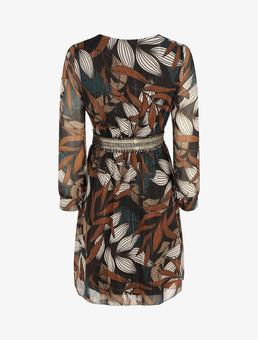 Robe imprimé feuillage à bande élastiquée dorée - Noir - 2