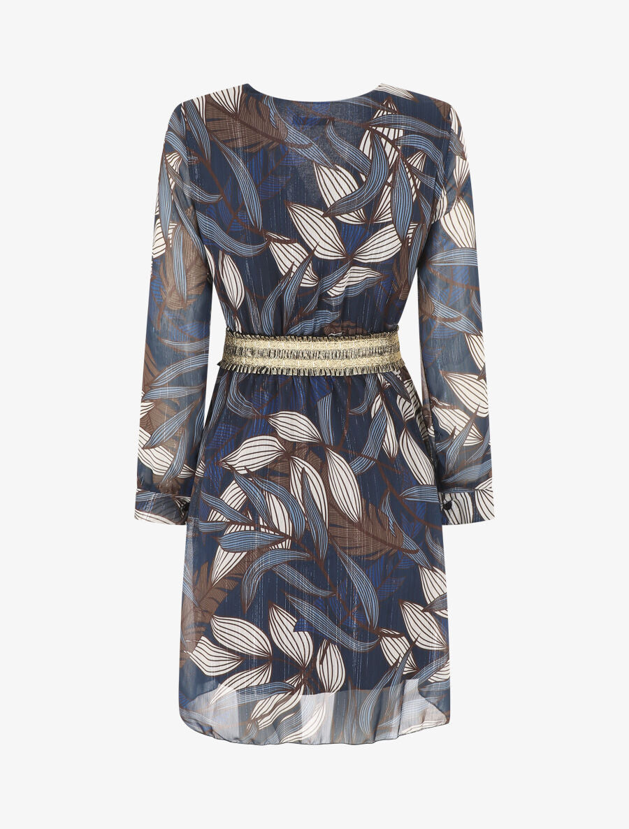 Robe imprimé feuillage à bande élastiquée dorée - Marine - 2