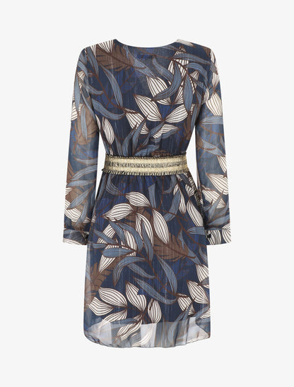 Robe imprimé feuillage à bande élastiquée dorée - Marine - 2