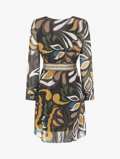 Robe imprimé feuillage stylisé à bande élastiquée dorée - Noir - 2