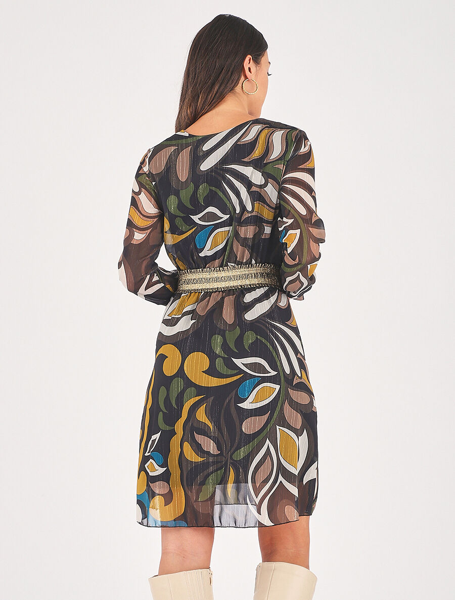 Robe imprimé feuillage stylisé à bande élastiquée dorée - Noir - 5