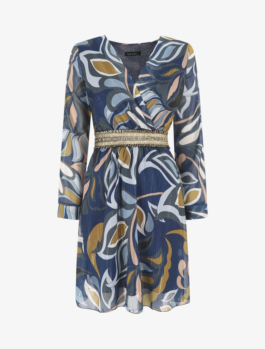 Robe imprimé feuillage stylisé à bande élastiquée dorée - Bleu - 6