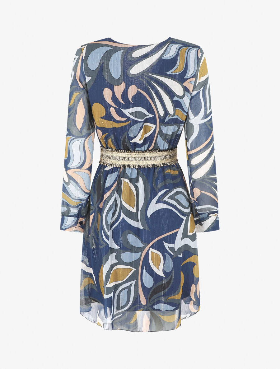 Robe imprimé feuillage stylisé à bande élastiquée dorée - Bleu - 2
