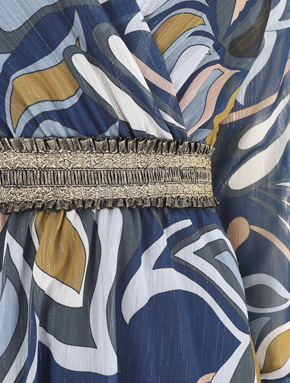 Robe imprimé feuillage stylisé à bande élastiquée dorée - Bleu - 3